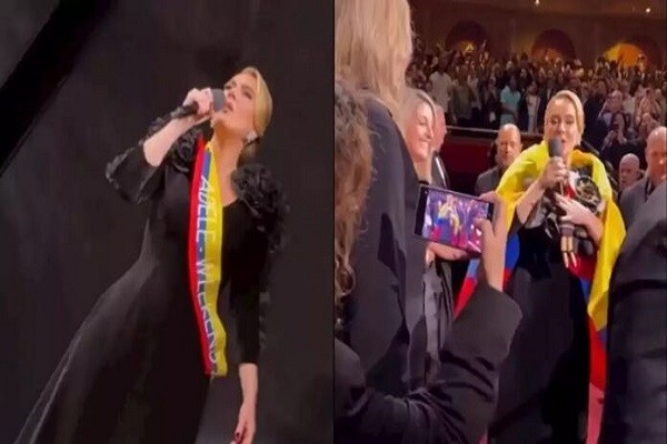 Adele lució envuelta en la bandera de Colombia